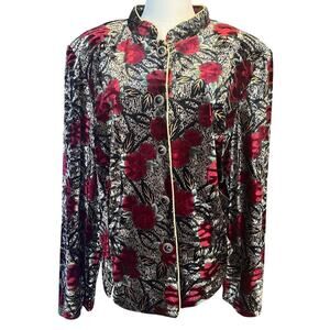 R&K Vintage Evening Black/Red/Gold Velour Feel Button Down Women's Top.  Size 18